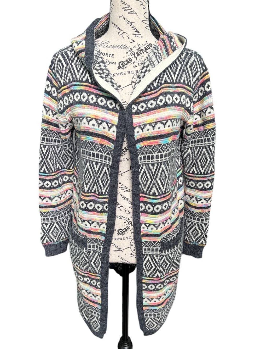 Monteau Gray Hooded Open Cardigan with Pastel Stripe Pattern
